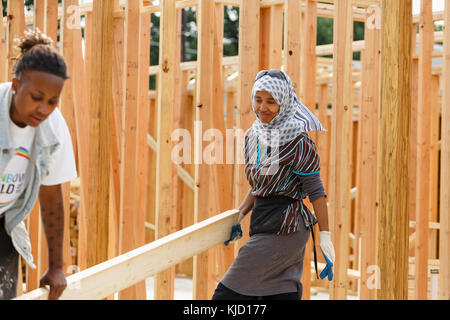 Les bénévoles carrying lumber at construction site Banque D'Images