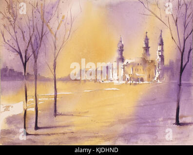 Paysage urbain imaginé avec clochers à distance. De l'aquarelle. Une aquarelle originale. Banque D'Images