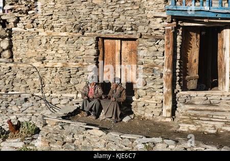 Vieilles femmes dans le village en pierre tibétain de Ngawal, circuit de l'Annapurna, Népal Banque D'Images