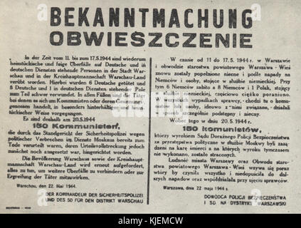 Annonce de la mort de 150 otages polonais de exécutés par les occupants allemands nazis à Varsovie (mai 1944) Banque D'Images