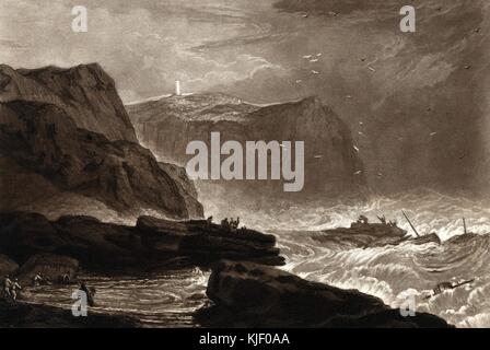 Une gravure d'une peinture de mers violentes s'écrasant contre la face d'une falaise, les hommes sont montrés sur le dessus des rochers et dans une piscine à la base de la falaise, d'autres hommes sont montrés encore dans un bateau qui est lavé sur les rochers près de la falaise, D'autres bateaux dans l'eau semblent être en train d'être coulé par les vagues et les rochers, un phare peut être vu au sommet de la falaise, la face de la falaise représentée est près de Whitby, Yorkshire, Angleterre, 1811. De la bibliothèque publique de New York. Banque D'Images