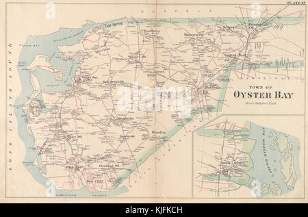 Une carte vintage de Oyster Bay, la carte montre la ville s'étend de la rive nord à la rive sud, elle comprend les différents villages et hameaux qui composent la ville, New York, 1891. à partir de la bibliothèque publique de new york. Banque D'Images