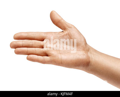 La main de l'homme tendit en saluant isolé sur fond blanc. close up. haute résolution produit Banque D'Images