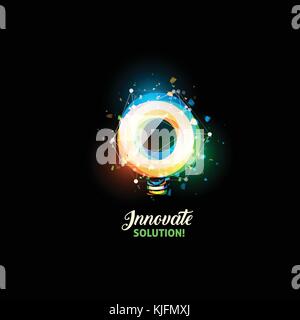 Solution innover logo, icône vecteur abstrait ampoule colorée isolés. forme ronde, lampe stylisée avec texte. Innovation, technologie numérique illustration vectorielle. Illustration de Vecteur