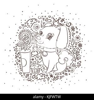 Golden Dog boit du café ou du lait secouer. hand drawn vector illustration pour la nouvelle année, T-shirt, poster, carte postale gradient background Illustration de Vecteur