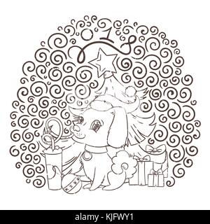 Golden Dog boit du café ou du lait secouer. hand drawn vector illustration pour la nouvelle année, T-shirt, poster, carte postale sur fond à motifs Illustration de Vecteur