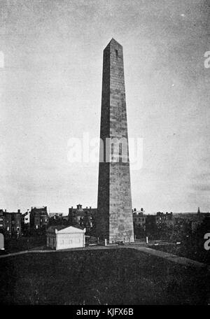 Une photographie du Bunker Hill Monument, l'obélisque de granit a été commencé en 1827 et terminé en 1843, Il mesure 221 mètres et a été construit pour commémorer la bataille de Bunker Hill, qui a été la première bataille majeure entre les Britanniques et les Patriots dans la guerre d'indépendance américaine, Boston, Massachusetts, 1905. Banque D'Images