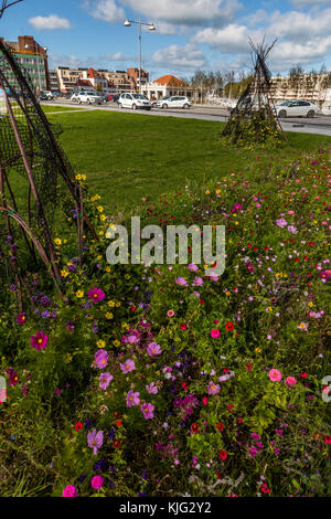 Lits plantés de fleurs municipales avec un mélange de fleurs des pollinisateurs pour aider la faune et semblent grands. Place du Minck, Dunkerque, France Banque D'Images