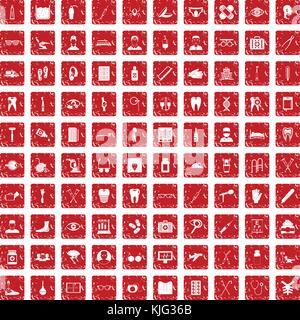 Treatmet 100 medical icons set rouge grunge Illustration de Vecteur