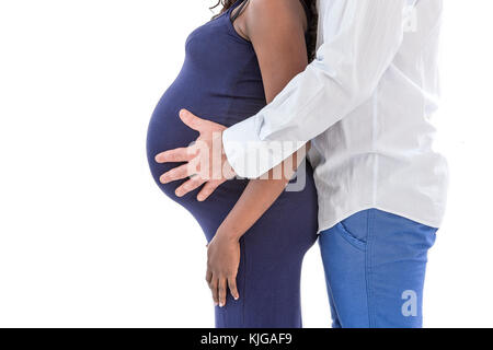 Couple Avec Les Mains De Bebe Ventre De Femme Enceinte Dans Un Fond Blanc Photo Stock Alamy