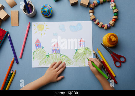 Dessin enfant paysage avec maisons Banque D'Images