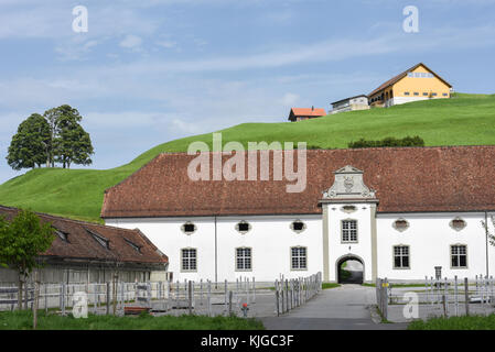 Abbaye d'Einsiedeln en face de terres agricoles sur la Suisse Banque D'Images