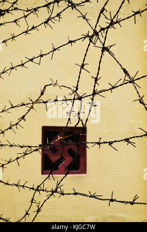 Swastika à travers le fil barbelé. Prise devant le temple hindou de New Delhi Inde. Banque D'Images