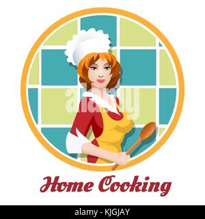 Belle femme avec cuillère cook. culinaires ou cuisine maison emblème. vector illustration. Illustration de Vecteur