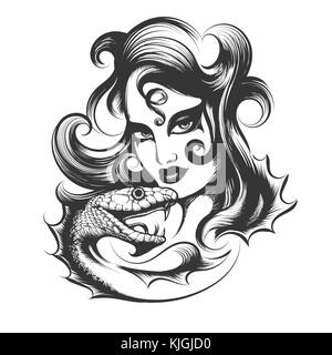 Tête de femme à la main avec serpent isolé sur fond blanc.L'art du tatouage vector illustration. Illustration de Vecteur