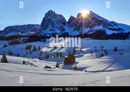 Lever de soleil sur l'hiver Alpe di Siusi avec vue sur Sassolungo et Sassopiatto, Dolomites, Italie Banque D'Images