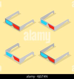 Ensemble de 3D lunettes isolé sur fond jaune. télévision style isométrique, vector illustration. Illustration de Vecteur