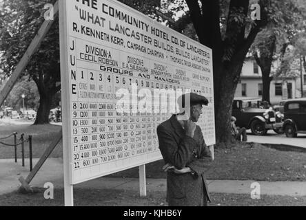 Une photographie d'un homme debout devant une pancarte de collecte de fonds, la pancarte suit les contributions amassées par des individus pour le développement d'un hôtel par la Community Hotel Company de Lancaster, on peut voir des voitures garées le long de la rue bordée d'arbres au bord du parc en arrière-plan, Lancaster, Ohio, 1938. De la Bibliothèque publique de New York. Banque D'Images