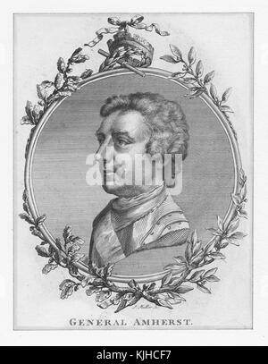 Tiré d'un portrait de Jeffery Amherst, il était un soldat et un politicien britannique, il a atteint le rang de maréchal qui est le plus haut rang dans l'armée britannique, il a également servi comme commandant en chef des Forces, Il est surtout connu pour son commandement très réussi pendant la guerre de sept ans où les Britanniques ont capturé des parties de la Nouvelle-France, il a également été le premier gouverneur général britannique des territoires qui deviendra finalement le Canada, France, 1800. De la bibliothèque publique de New York. Banque D'Images