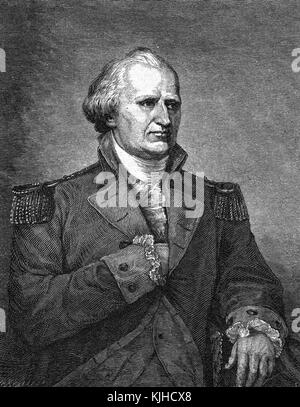 Portrait gravé de John Stark, un natif du New Hampshire qui a servi comme officier dans l'armée britannique pendant la guerre française et indienne et major général dans l'armée continentale pendant la Révolution américaine, est devenu largement connu sous le nom de « héros de Bennington » pour son service exemplaire à la bataille de Bennington en 1777, écrit la phrase « vivre libre ou mourir, la mort n'est pas le pire des maux », avec sa main dans sa veste, New Hampshire, 1833. De la Bibliothèque publique de New York. Banque D'Images