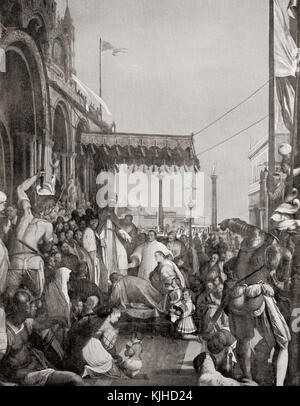 Frédéric Barberousse, après la défaite en 1176 de Legnano (enfin dans la paix de Venise de 1177) reconnaît Alexandre III comme pape. On le voit ici à genoux devant alexander en reconnaissance de sa suprématie spirituelle. Frederick i, 1122 - 1190, aka frederick barbarossa. saint empereur romain. le pape Alexandre III, ch. 1100/1105 - 1181, naissance de Roland de Sienne. Le pape de 1159 à 1181. de Hutchinson's histoire de l'ONU, publié en 1915. Banque D'Images