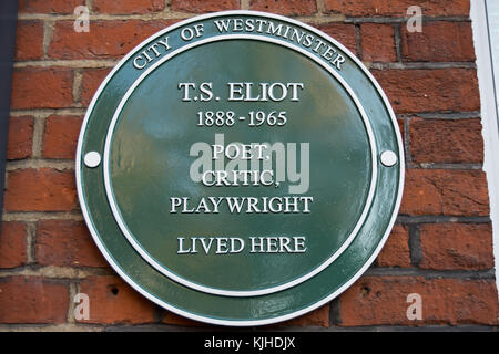 City of westminster plaque vert marquant un accueil de poète, critique et dramaturge ts eliot Banque D'Images