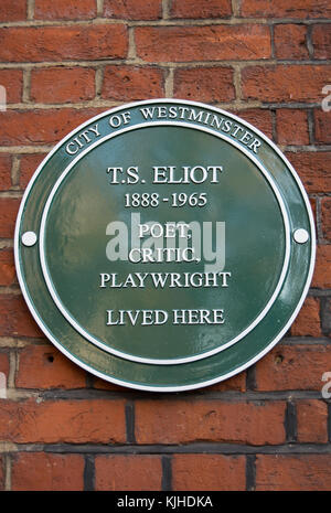 City of westminster plaque vert marquant un accueil de poète, critique et dramaturge ts eliot Banque D'Images