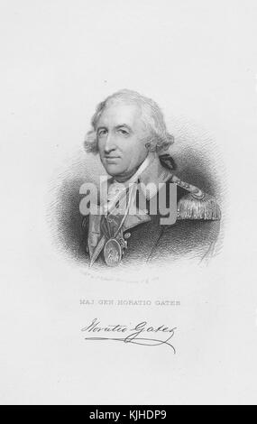 Une gravure de Horatio Gates, il était un soldat britannique à la retraite qui a servi comme major général dans la guerre d'indépendance américaine, après une carrière militaire britannique bloquée, il a décidé de rejoindre les forces coloniales et a offert son soutien à George Washington, il est surtout connu pour son implication dans une tentative de destituer George Washington de son poste de commandant en chef pendant la guerre ainsi que pour ses actions qui ont conduit à la défaite de l'armée continentale lors de la bataille de Camden, Washington, DC, 1832. De la Bibliothèque publique de New York. Banque D'Images