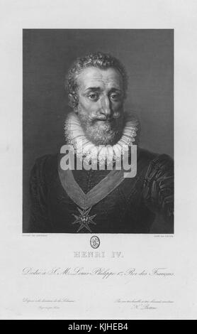 Portrait gravé du roi Henri IV de France, connu sous le nom de « bon roi Henri », fut roi de Navarre (Henri III) de 1572 à 1610 et roi de France de 1589 à 1610, il fut le premier monarque français de la Maison de Bourbon, France, 1800. De la bibliothèque publique de New York. Banque D'Images