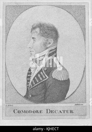 Portrait gravé de Stephen Decatur, Junior, un officier de marine des États-Unis et commodore remarquable pour ses nombreuses victoires navales au début du 19th siècle, son service dans la Marine l'a amené à travers les deux guerres de Barbarie en Afrique du Nord, la quasi guerre avec la France, Et la guerre de 1812 avec la Grande-Bretagne, la France, 1800. De la bibliothèque publique de New York. Banque D'Images