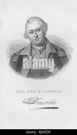 Portrait gravé de Benjamin Lincoln, qui a servi comme général de l'armée continentale pendant la guerre d'indépendance américaine, est remarquable pour avoir participé à trois grandes capitulations pendant la guerre, sa participation aux batailles de Saratoga a contribué à la capitulation de John Burgoyne d'une armée britannique, Il a supervisé la plus grande capitulation américaine de la guerre au siège de Charleston en 1780, et, en tant que deuxième commandement de George Washington, il a officiellement accepté la reddition britannique à Yorktown, sa signature copiée en bas, Washington, DC, 1800. De la bibliothèque publique de New York. Banque D'Images