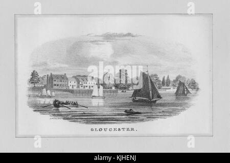 Lithographie représentant une vue sur Gloucester, ville, district et comté de Gloucestershire dans le sud-ouest de l'Angleterre, se trouve près de la frontière galloise, Et sur la rivière Severn, depuis l'eau, on peut voir des structures sur la rive, des bateaux et des gens sur un canot dans l'eau, Angleterre, 1800. De la bibliothèque publique de New York. Banque D'Images