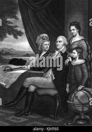 Une gravure tirée d'un portrait de famille de George Washington avec Martha Washington assise à côté de lui, son bras repose sur l'épaule de son beau-petit-fils et fils adoptif George Washington Parke Custus, la fille de Martha Eleanore Park Custis se tient derrière eux, Washington, DC, 1832. De la Bibliothèque publique de New York. Banque D'Images