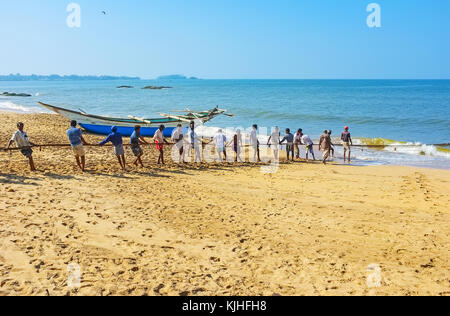 Bentota, Sri Lanka - 6 décembre 2016 : l'équipage de pêcheurs tire manuellement leur valeur hors de l'océan, debout sur la plage de sable fin, le 6 décembre Banque D'Images