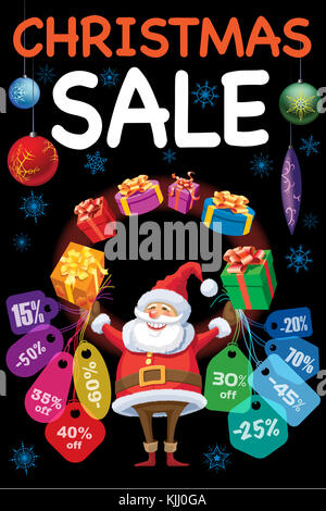 Vente de saison de Noël. Poster créatif. Smiling Santa Claus est jonglant avec des cadeaux de Noël et des étiquettes de prix. Modèle de conception de la vente saisonnière sur bl Banque D'Images