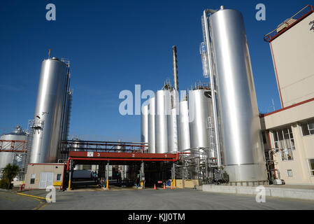 HOKITIKA, Nouvelle-Zélande, le 27 juin 2016 : les silos de stockage à l'usine de produits laitiers Westland à Hokitika, la Nouvelle-Zélande prête pour les livraisons de lait frais Banque D'Images