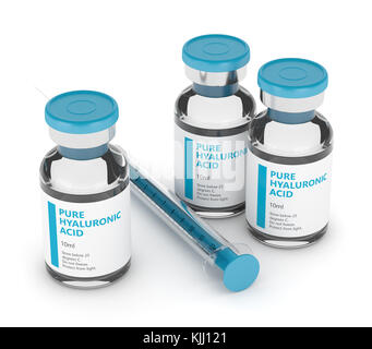 Le rendu 3d des flacons d'acide hyaluronique et d'une seringue isolated over white background Banque D'Images
