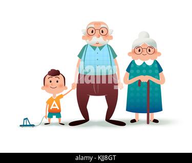 Drôle de famille de dessins animés. Grand-père, grangmère et petit-fils heureux. Grand-père et petit garçon tenant les mains. Concept de famille heureux. Illustration à plat à vecteur de dessin animé. Illustration de Vecteur