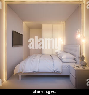 D'un rendu 3D d'un design intérieur minimaliste blanc chambre à coucher. Banque D'Images