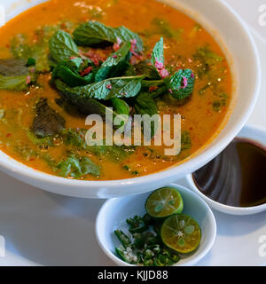 Tom Yum soupe chaude et aigre de Thaïlande, avec de la citronnelle, de la chaux kaffir, de la sauce au poisson, des crevettes et des piments écrasés. Banque D'Images