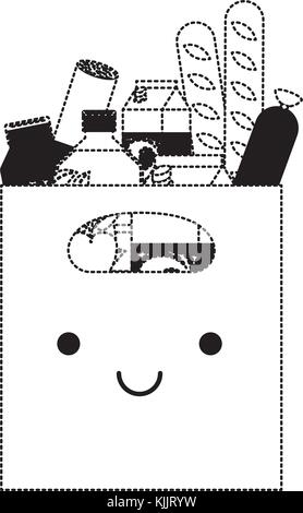 Kawaii sac de papier rectangulaire avec poignée et saucisses et pommes pain Aliments et boissons jus d'orange et une bouteille d'eau et de lait en carton silhouette en pointillé noir Illustration de Vecteur