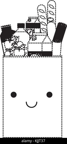 Sac de papier rectangulaire kawaii avec saucisses et pommes pain Aliments et boissons jus d'orange et une bouteille d'eau et de lait en carton silhouette en pointillé noir Illustration de Vecteur