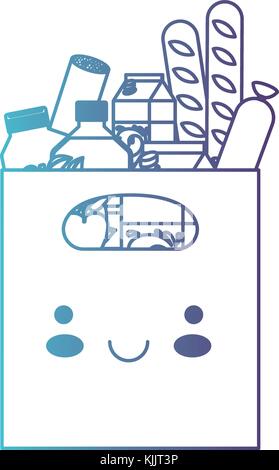 Kawaii sac de papier rectangulaire avec poignée et saucisses et pommes pain Aliments et boissons jus d'orange et une bouteille d'eau et de lait en carton bleu dégradé de couleur violette contour Illustration de Vecteur