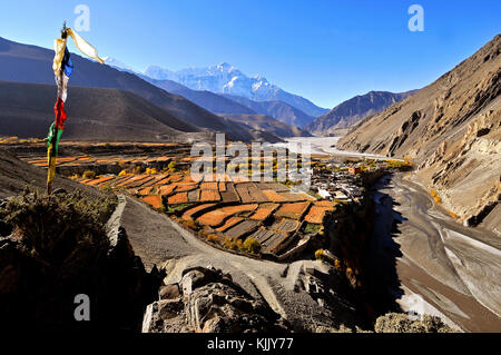 Kagbeni village & la rivière Kali Gandaki, Mustang. Le Népal. Banque D'Images