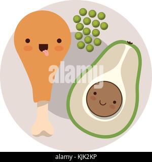 Kawaii food plate avec cuisse de poulet avec des petits pois et du Moyen-Orient dans l'avocat silhouette colorés sur fond blanc Illustration de Vecteur