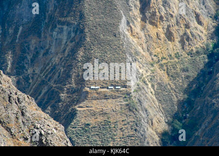 Vue sur le canyon de colca, Pérou, Amérique du Sud, de mirador Cruz del Condor avec édifices creusés dans le côté. L'un des canyons les plus profonds au monde. Banque D'Images