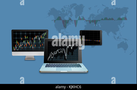 Stock Exchange Trading marché graphique sur l'écran d'un groupe de technologies telles que l'ordinateur de bureau, ordinateur portable et tablette sur la carte du monde et d'échange de gr Banque D'Images