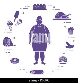 Grosse femme avec des symboles de vie malsain autour d'elle. des habitudes de manger. pour la conception et l'impression de bannières. Illustration de Vecteur