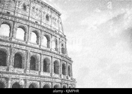 Close up sur le colloseum romain à Rome, Italie, noir et blanc, croquis, effet soft focus Banque D'Images