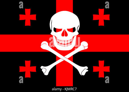 Drapeau pirate noir avec l'image de Jolly roger avec tibias combinés avec les couleurs du drapeau géorgien Banque D'Images
